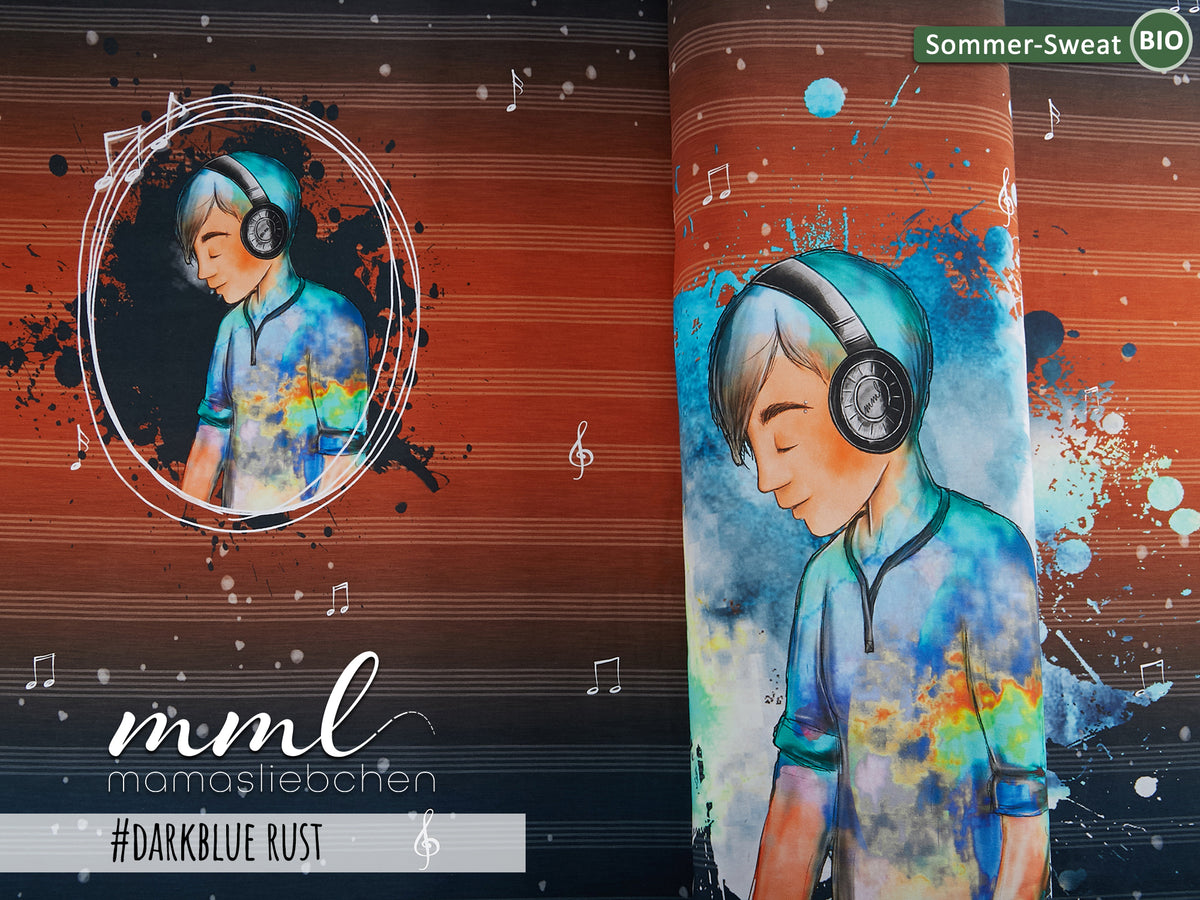 Bio-Sommer-Sweat-Stoff "Leon`s Lieblingslied #darkblue rust" (1 Panel, ca. 0,85m)