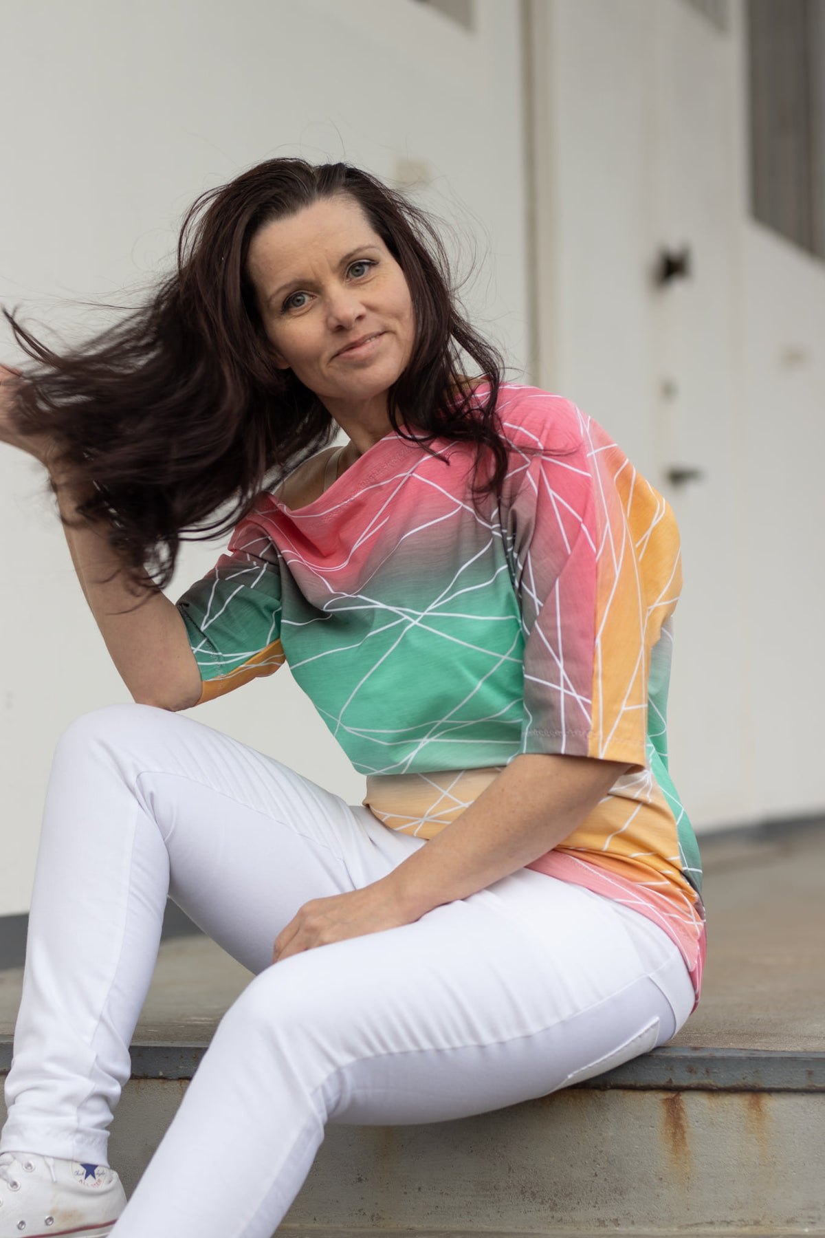 Bio-Sommer-Sweat-Stoff "Shapelines #rainbow pink" (0,25m)