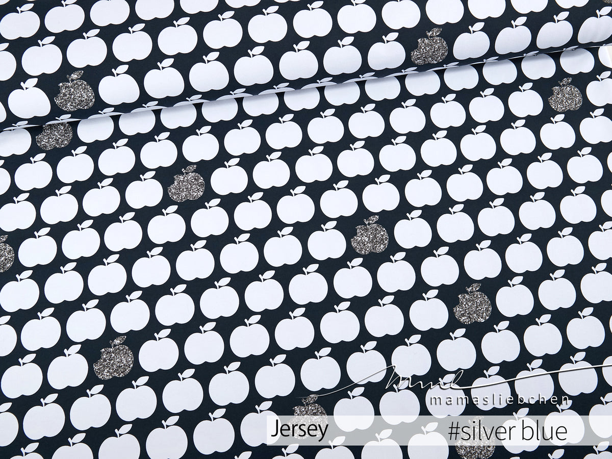 Jersey-Stoff "apple bite glitter #silver blue" (0,5m)