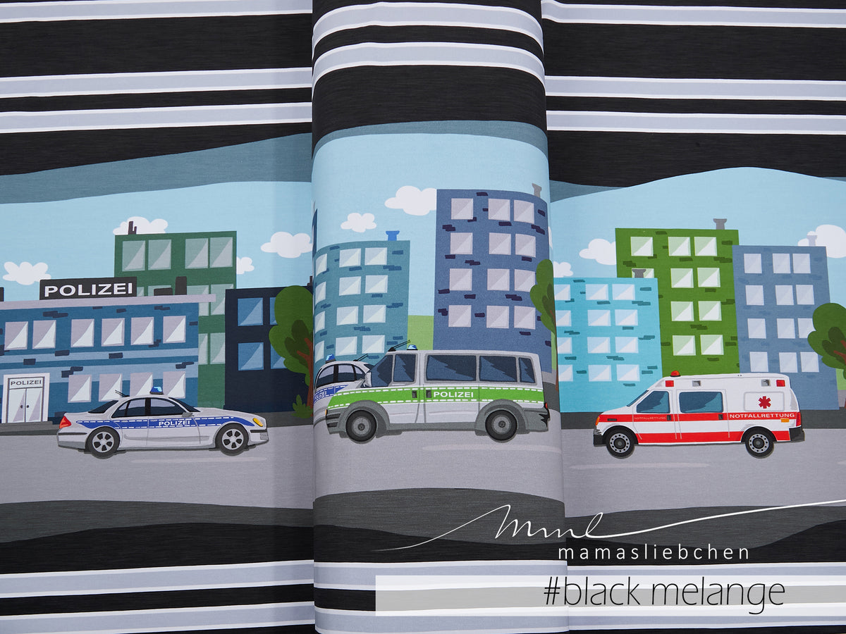 Jersey-Stoff "Polizei #black melange" (1Panel/ ca.0,65m)