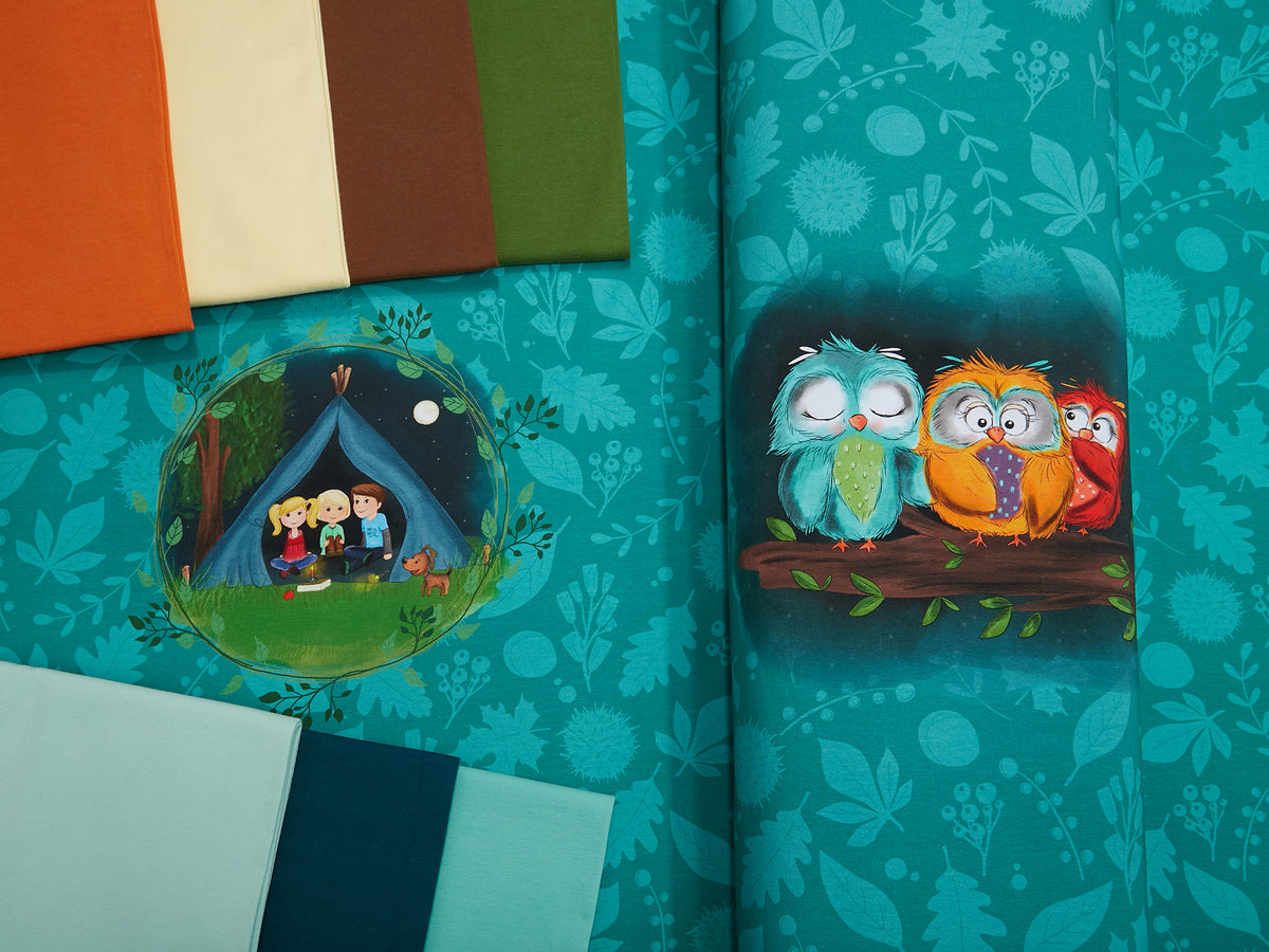 Sommer-Sweat-Stoff "3 little friends #petrol" (1 Panel, ca. 0,65m)