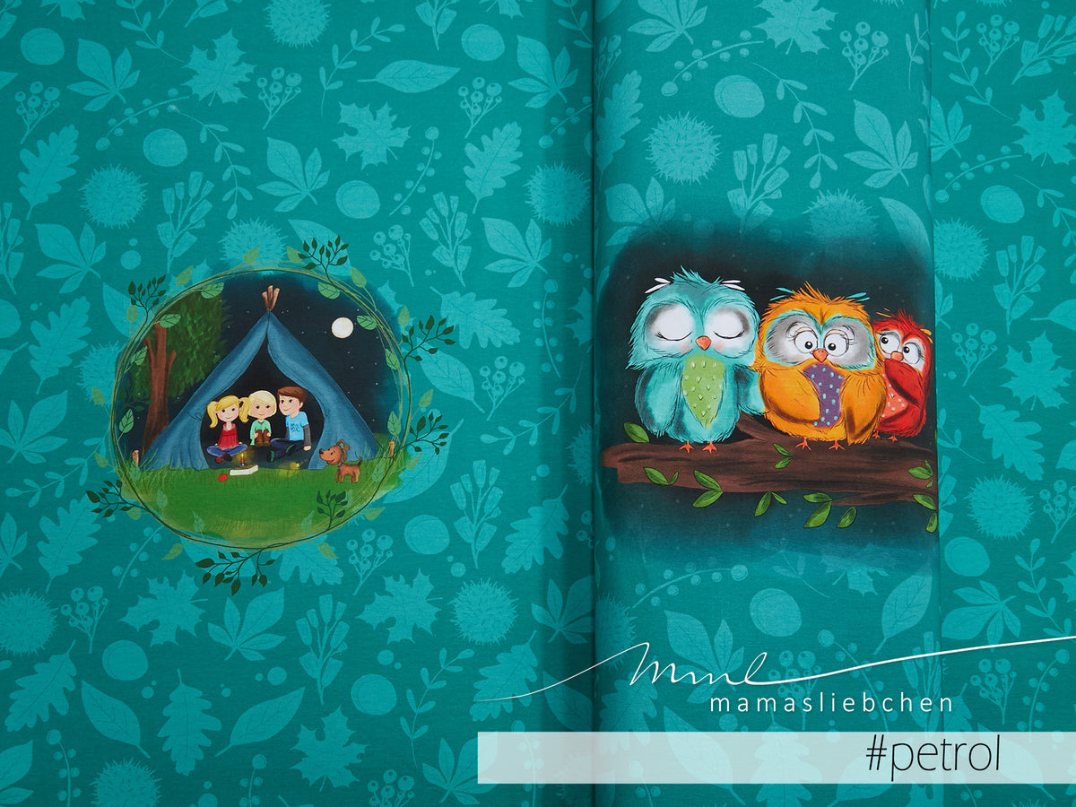 Sommer-Sweat-Stoff "3 little friends #petrol" (1 Panel, ca. 0,65m)