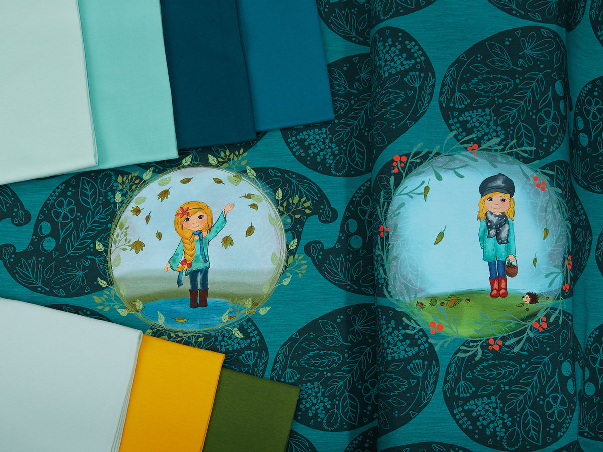 Sommer-Sweat-Stoff "Chestnuts Paisley #teal" (1 Panel, ca. 0,65m)