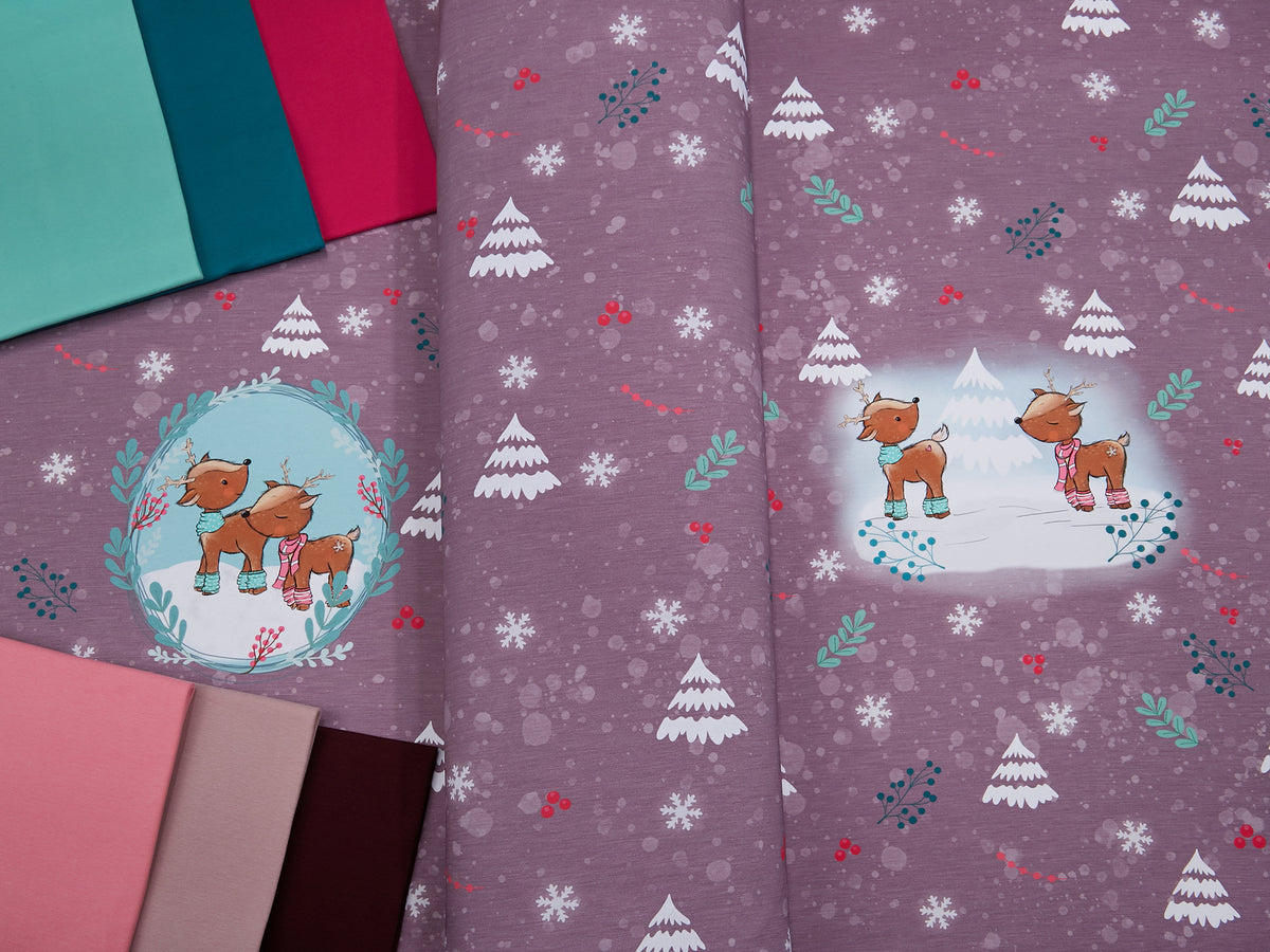 Sommer-Sweat-Stoff "winter fawn reindeer #mauve" (1 Panel, ca. 0,70m)
